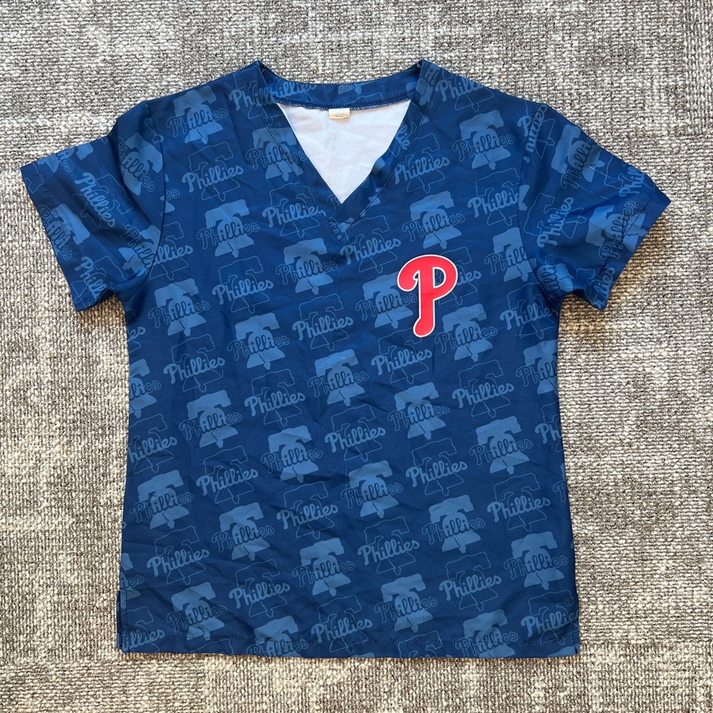 Women's Navy Phillies V-Neck Scrub with Red 'P' Chest Logo
